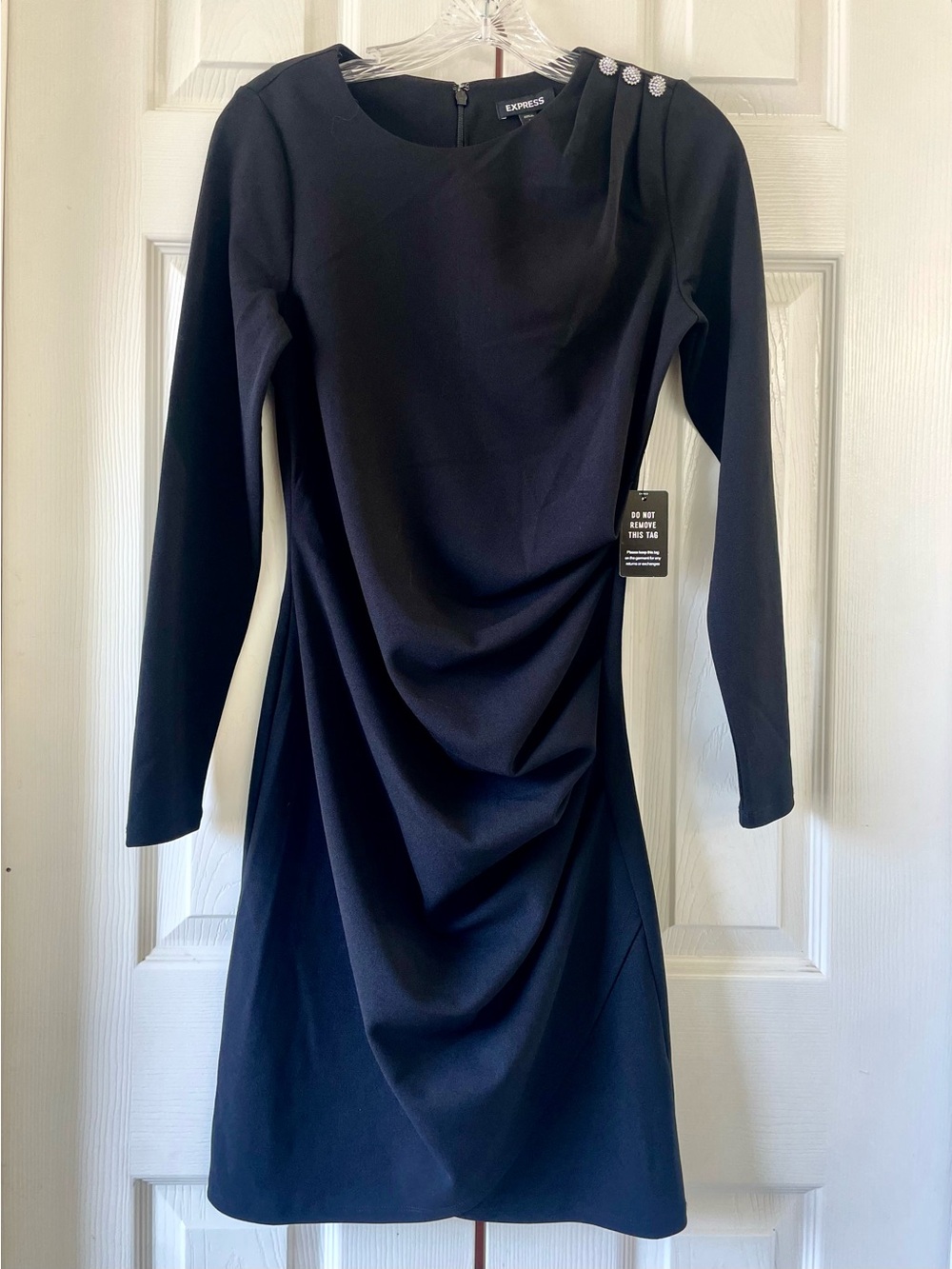NWT Express Black Ruched Sheath Dress Rhinestone Shoulder Long Sleeve S